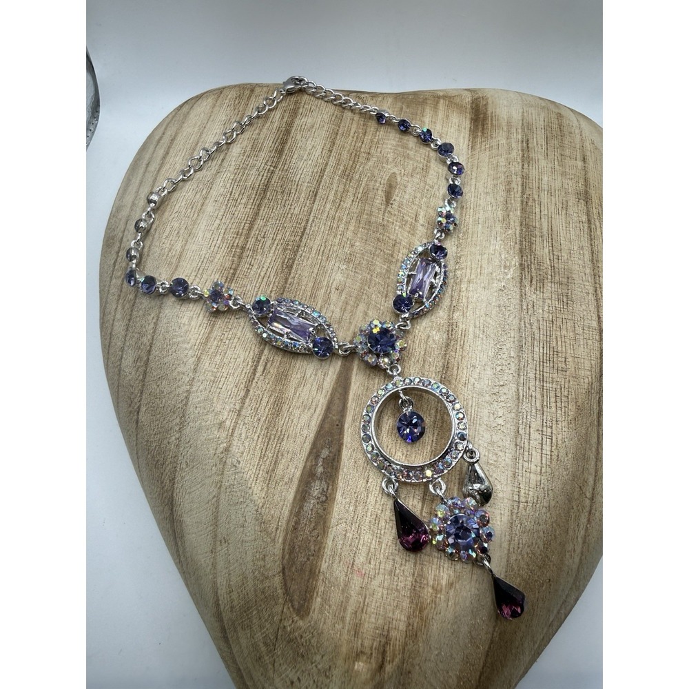 Vintage Style Purple Rhinestone Statement Necklace AB Crystal Dangle 24"